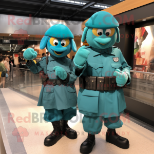 Teal Commando mascot costume character dressed with a Shift Dress and Berets