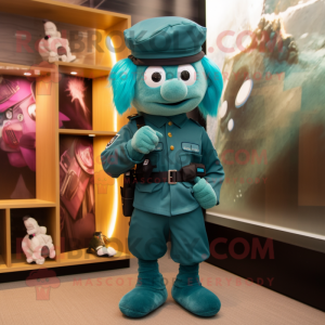 Teal Commando mascot costume character dressed with a Shift Dress and Berets