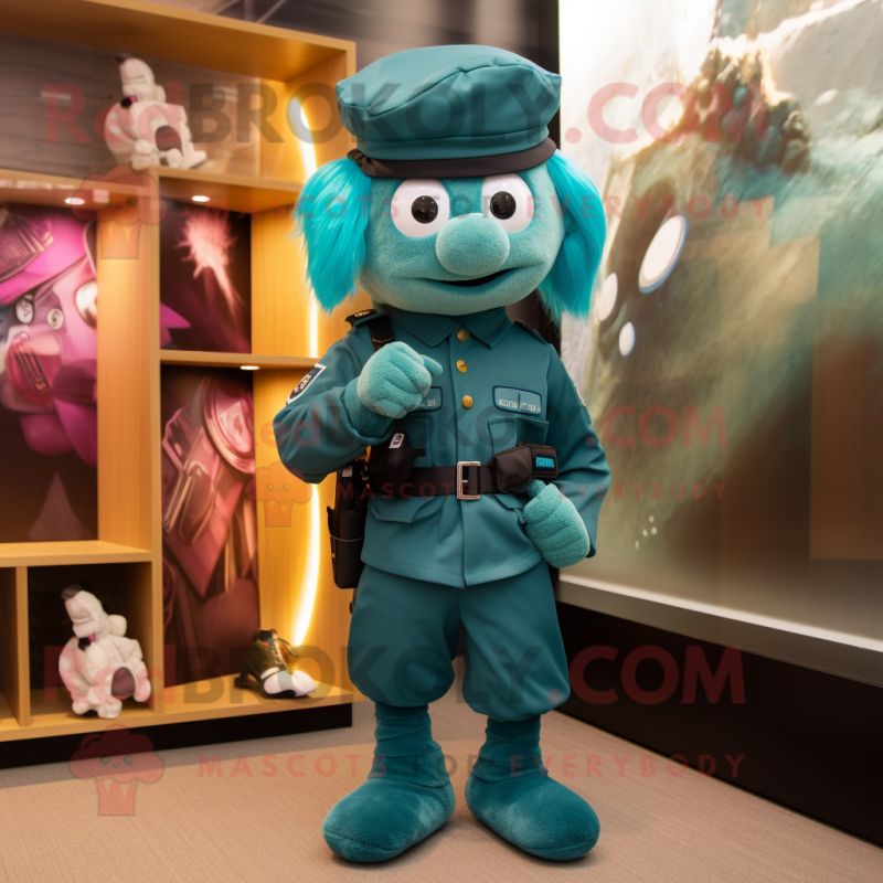 Teal Commando mascot costume character dressed with a Shift Dress and Berets