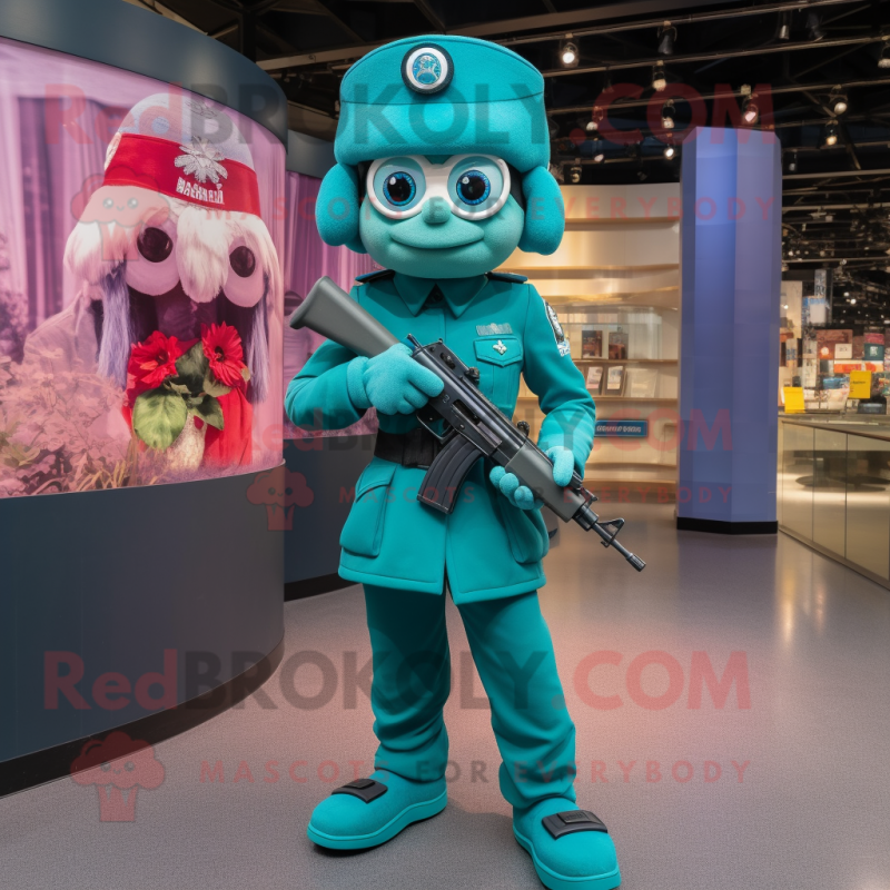 Teal Commando mascot costume character dressed with a Shift Dress and Berets