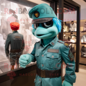 Teal Commando mascot costume character dressed with a Shift Dress and Berets