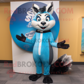 Sky Blue Skunk mascot costume character dressed with a Bikini and Lapel pins