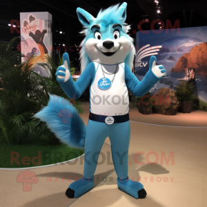 Sky Blue Skunk mascot costume character dressed with a Bikini and Lapel pins