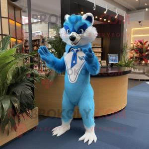 Sky Blue Skunk mascot costume character dressed with a Bikini and Lapel pins