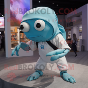 Sky Blue Hermit Crab mascot costume character dressed with a Chinos and Smartwatches