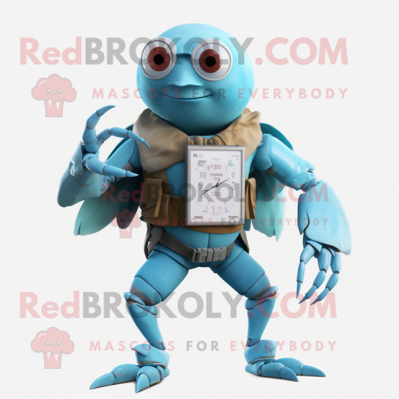 Sky Blue Hermit Crab mascot costume character dressed with a Chinos and Smartwatches Sky Blue Hermit Crab mascot costume character dressed with a Chinos and Smartwatches