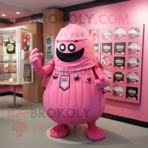 Pink Grenade mascot costume character dressed with a Romper and Shawl pins