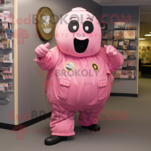 Pink Grenade mascot costume character dressed with a Romper and Shawl pins