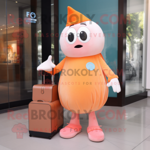 Peach Ghost mascot costume character dressed with a V-Neck Tee and Messenger bags