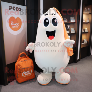 Peach Ghost mascot costume character dressed with a V-Neck Tee and Messenger bags