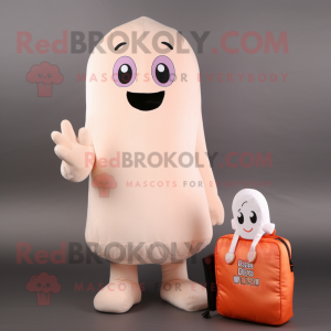 Peach Ghost mascot costume character dressed with a V-Neck Tee and Messenger bags