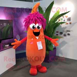 Magenta Carrot mascot costume character dressed with a Bikini and Hair clips
