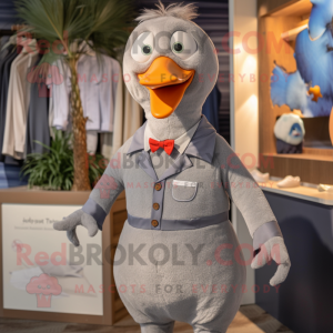 Gray Geese mascot costume character dressed with a Romper and Tie pins