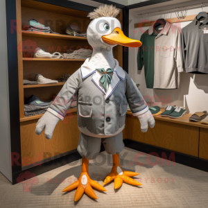 Gray Geese mascot costume character dressed with a Romper and Tie pins