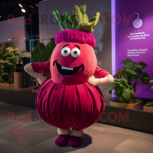 Magenta Turnip mascot costume character dressed with a Midi Dress and Bracelets