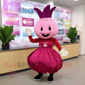Magenta Turnip mascot costume character dressed with a Midi Dress and Bracelets