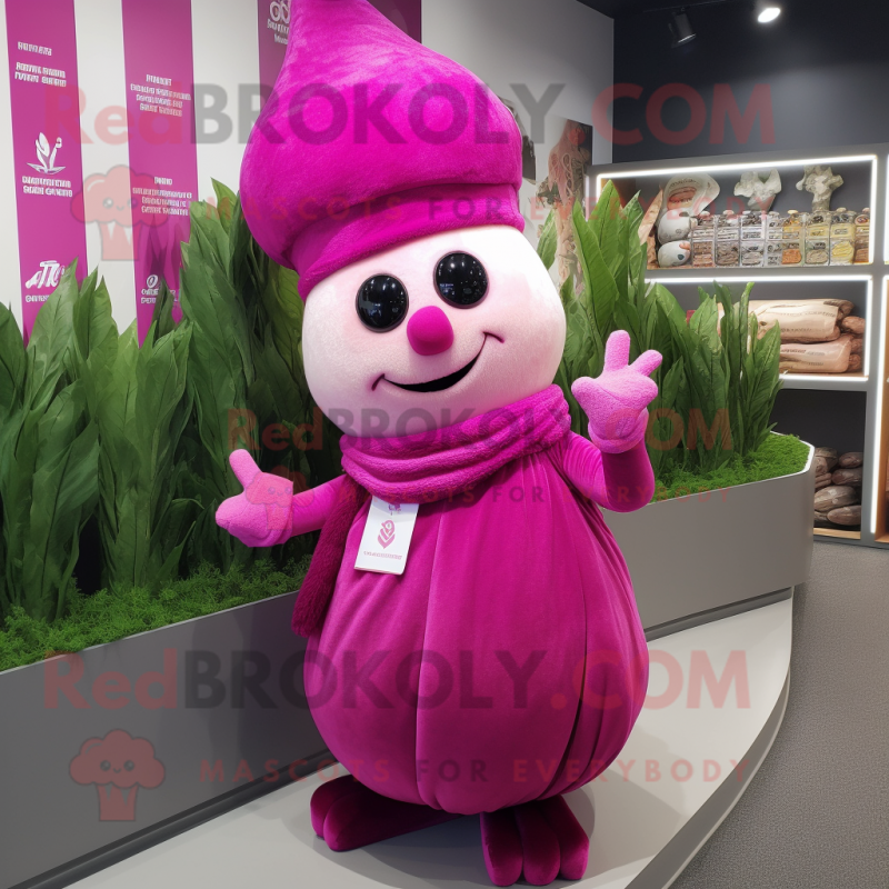 Magenta Turnip mascot costume character dressed with a Midi Dress and Bracelets