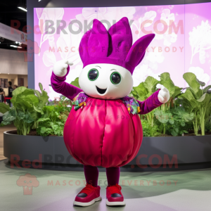 Magenta Turnip mascot costume character dressed with a Midi Dress and Bracelets