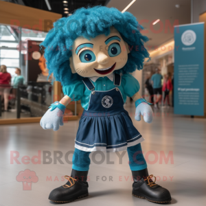 Turquoise Irish Dancer mascot costume character dressed with a Denim Shorts and Shoe laces