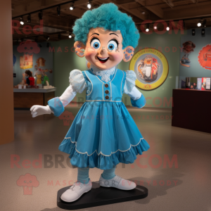 Turquoise Irish Dancer mascot costume character dressed with a Denim Shorts and Shoe laces