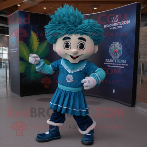 Turquoise Irish Dancer mascot costume character dressed with a Denim Shorts and Shoe laces