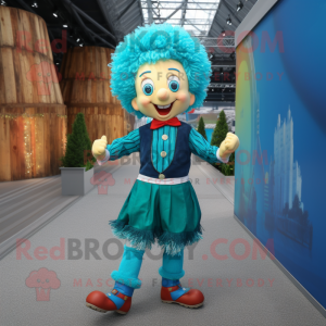 Turquoise Irish Dancer mascot costume character dressed with a Denim Shorts and Shoe laces