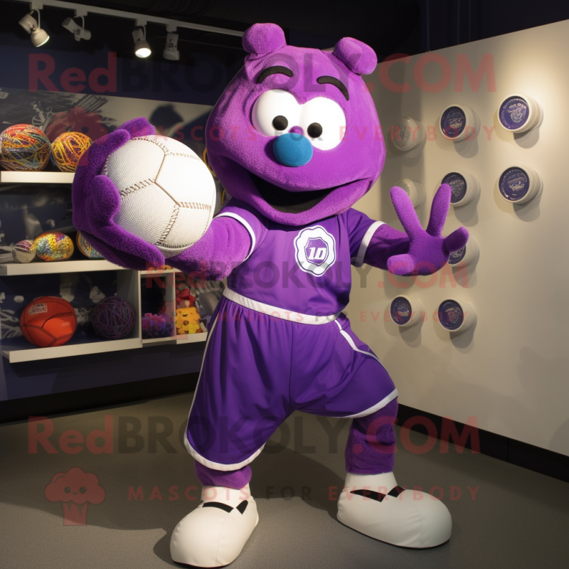Purple Juggle mascot costume character dressed with a Romper and Gloves Purple Juggle mascot costume character dressed with a Romper and Gloves