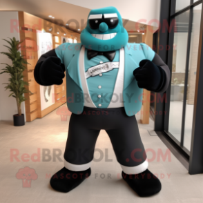 Teal Strongman mascot costume character dressed with a Tuxedo and Cufflinks