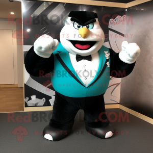 Teal Strongman mascot costume character dressed with a Tuxedo and Cufflinks