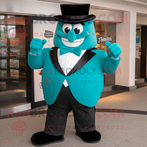 Teal Strongman mascot costume character dressed with a Tuxedo and Cufflinks