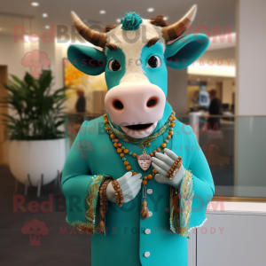 Turquoise Guernsey Cow mascot costume character dressed with a Blazer and Bracelets