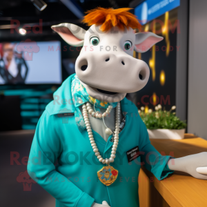 Turquoise Guernsey Cow mascot costume character dressed with a Blazer and Bracelets