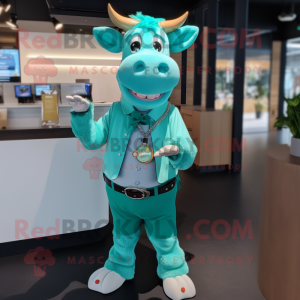 Turquoise Guernsey Cow mascot costume character dressed with a Blazer and Bracelets