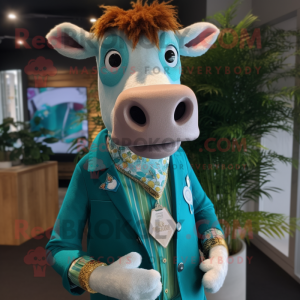 Turquoise Guernsey Cow mascot costume character dressed with a Blazer and Bracelets