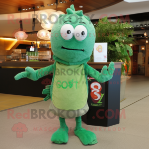 Green Shrimp Scampi mascot costume character dressed with a Cardigan and Hairpins