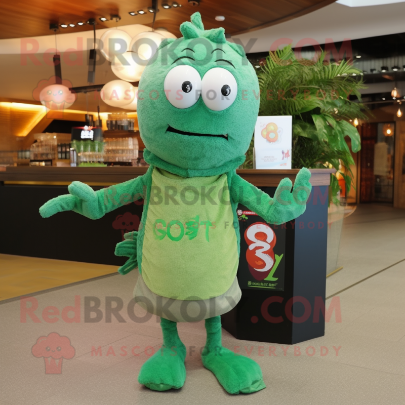 Green Shrimp Scampi mascot costume character dressed with a Cardigan and Hairpins Green Shrimp Scampi mascot costume character dressed with a Cardigan and Hairpins