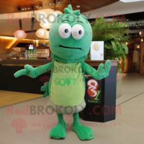 Green Shrimp Scampi mascot costume character dressed with a Cardigan and Hairpins