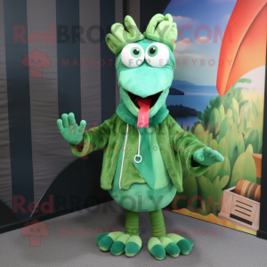 Green Shrimp Scampi mascot costume character dressed with a Cardigan and Hairpins