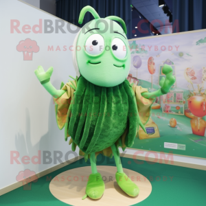 Green Shrimp Scampi mascot costume character dressed with a Cardigan and Hairpins