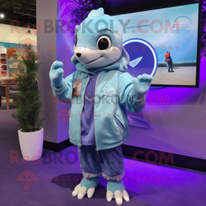 Lavender Dolphin mascot costume character dressed with a Jacket and Bracelet watches