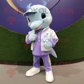 Lavender Dolphin mascot costume character dressed with a Jacket and Bracelet watches