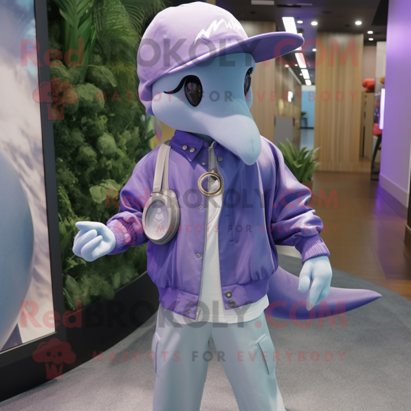 Lavender Dolphin mascot costume character dressed with a Jacket and Bracelet watches