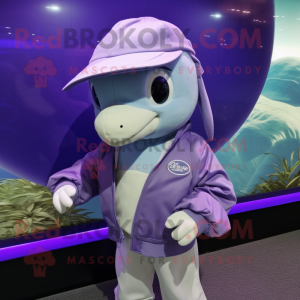 Lavender Dolphin mascot costume character dressed with a Jacket and Bracelet watches