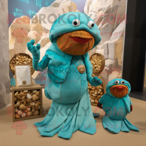 Turquoise Hermit Crab mascot costume character dressed with a Wrap Dress and Coin purses