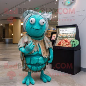Turquoise Hermit Crab mascot costume character dressed with a Wrap Dress and Coin purses