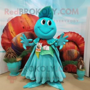 Turquoise Hermit Crab mascot costume character dressed with a Wrap Dress and Coin purses