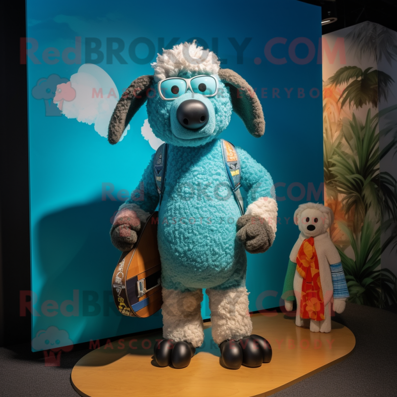 Turquoise Sheep mascot costume character dressed with a Board Shorts and Necklaces