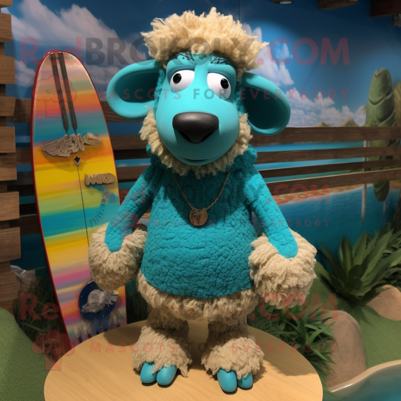 Turquoise Sheep mascot costume character dressed with a Board Shorts and Necklaces Turquoise Sheep mascot costume character dressed with a Board Shorts and Necklaces