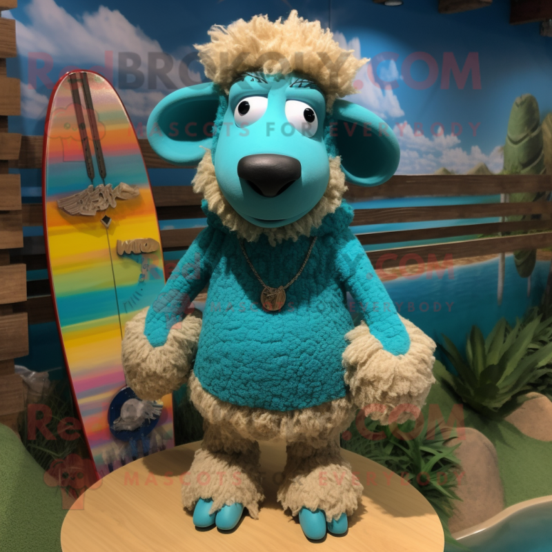 Turquoise Sheep mascot costume character dressed with a Board Shorts and Necklaces