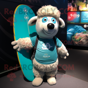 Turquoise Sheep mascot costume character dressed with a Board Shorts and Necklaces